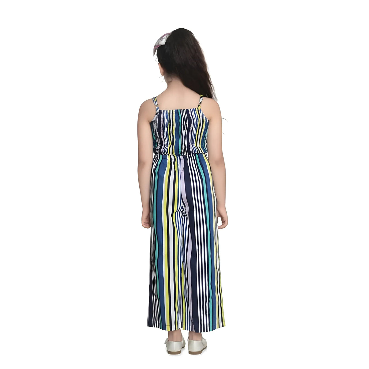 Girl's Rayon Striped Sleeveless Jumpsuit (blue) | Kids Signature Collection
