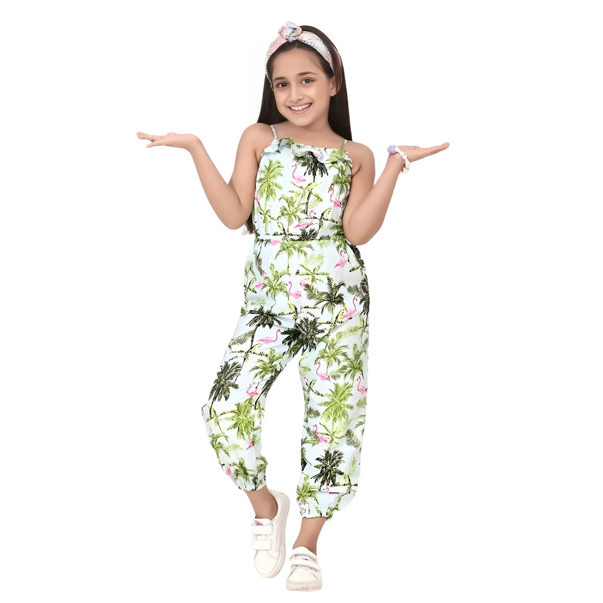 Girl's Denim Embroidered Sleeveless Jumpsuit (white Green) | Kids Signature Collection