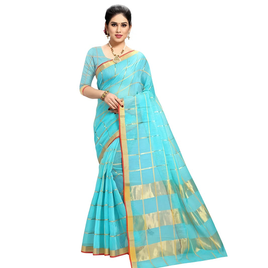 Women's Kota Doria Cotton Checked Saree With Blouse (Sky Blue, 5-6 Mtrs)
