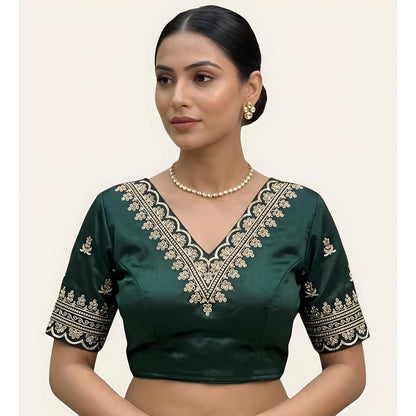 Jade Women's Satin Embroidered Half sleeve V-Neck Padded Readymade Blouse
