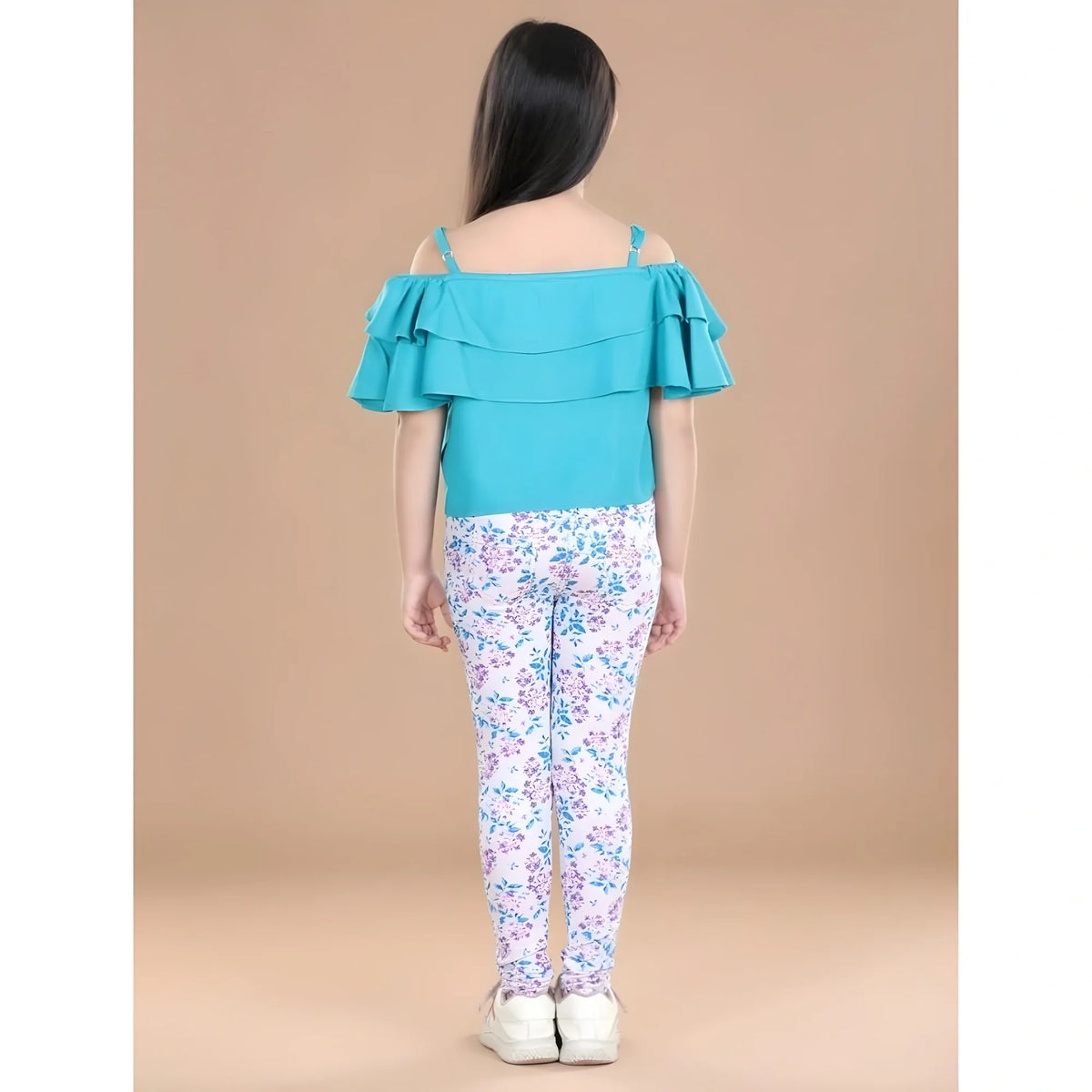 Girl's Cotton Floral Elasticated Jegging And Top Set (turquoise Blue) | Kids Signature Collection