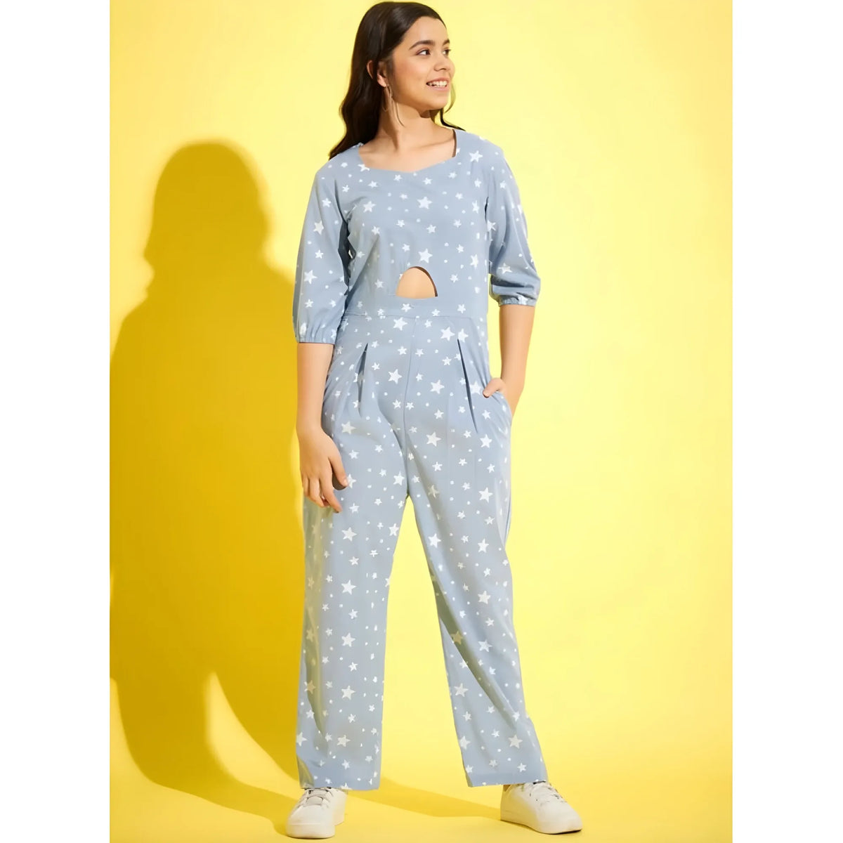 Girl's Cotton Printed 3 4th Sleeve Jumpsuit (blue White) | Women Signature Collection