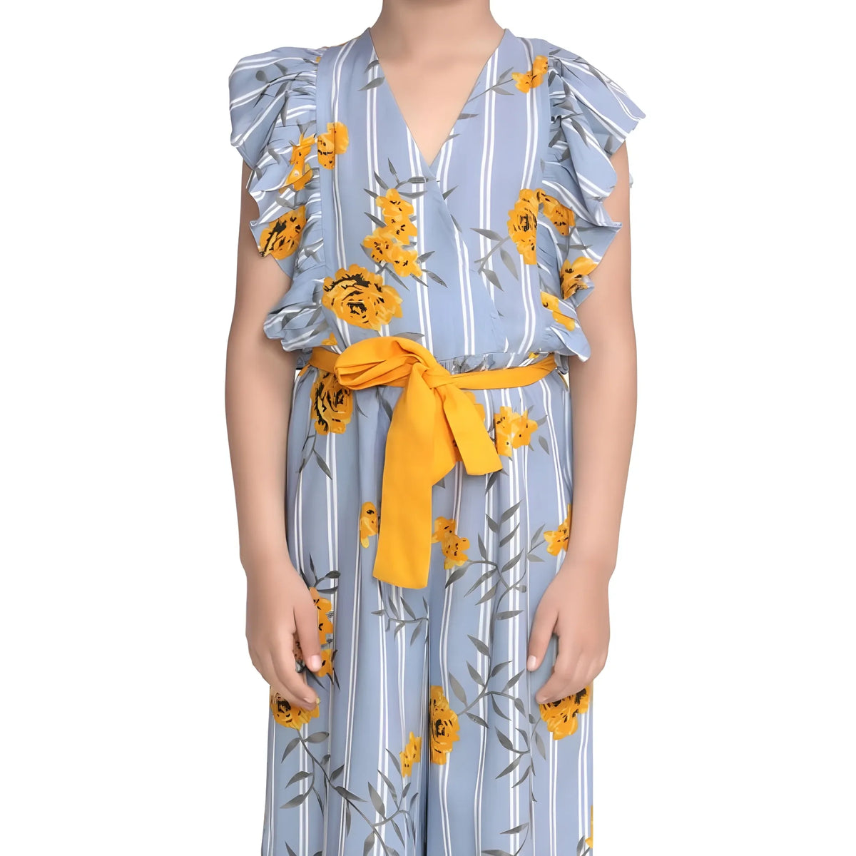Girl's Rayon Floral Flutter Jumpsuit (blue Yellow) | Kids Signature Collection