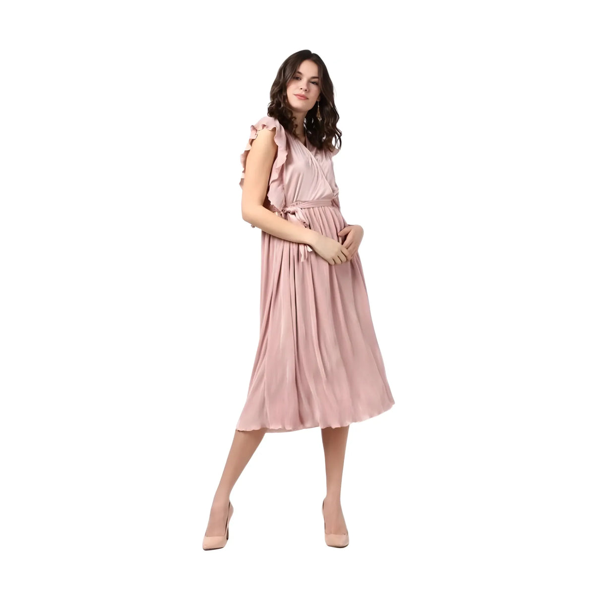 Women's Polyester Pleated Flutter Dress (champagne Gold) | Women Signature Collection