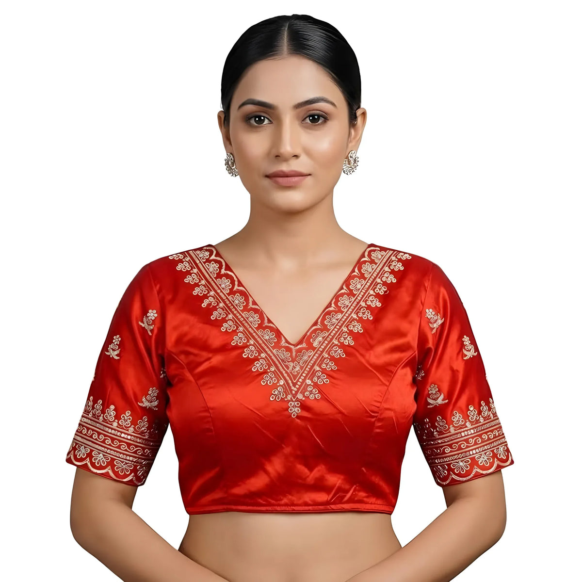 Ruby Women's Satin Embroidered Half sleeve V-Neck Padded Readymade Blouse