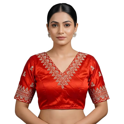Ruby Women's Satin Embroidered Half sleeve V-Neck Padded Readymade Blouse