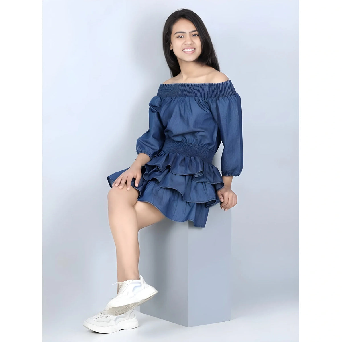 Girl's Denim Solid Off Shoulder Dress (blue) | Kids Signature Collection