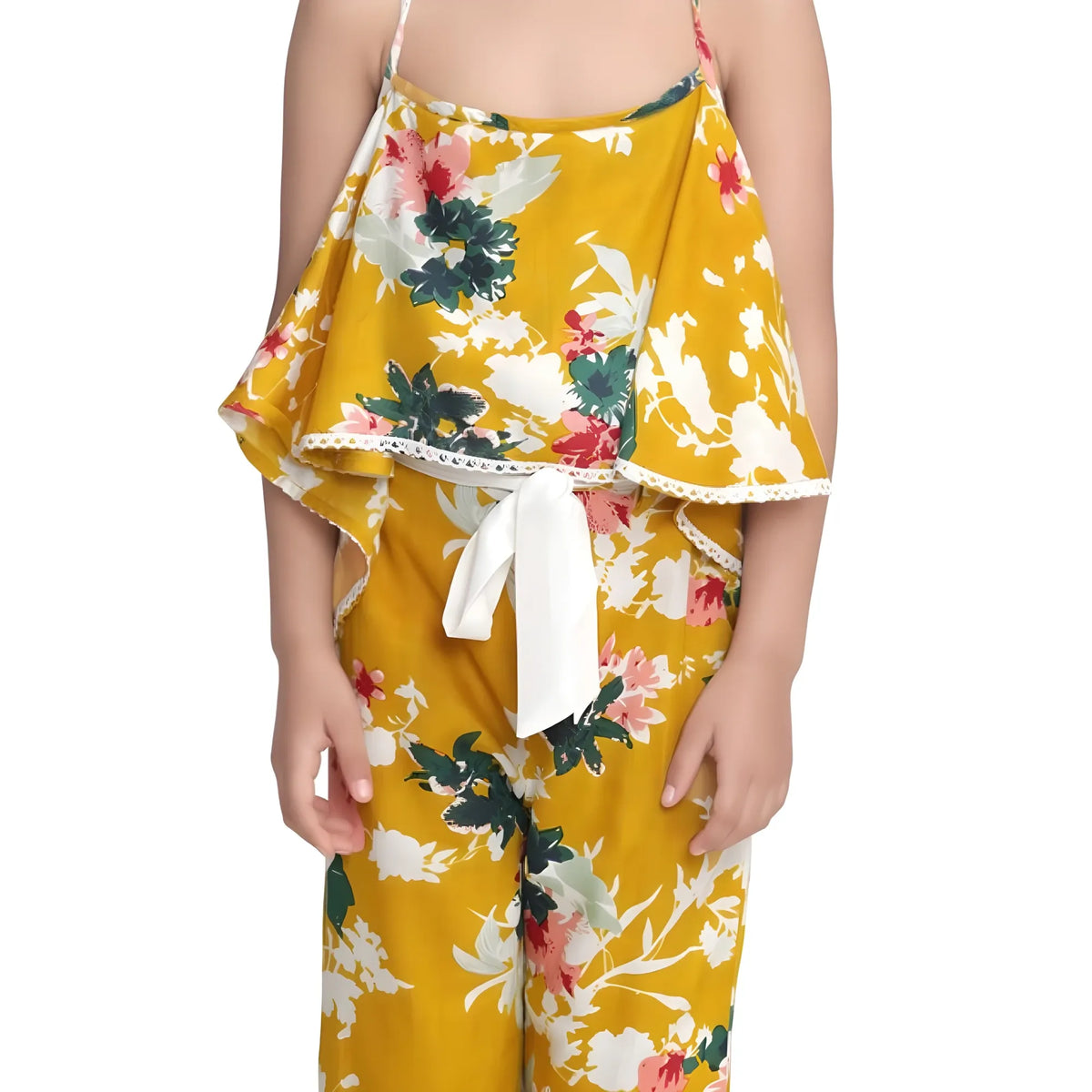 Girl's Rayon Floral Shoulder Straps Jumpsuit (mustard) | Kids Signature Collection