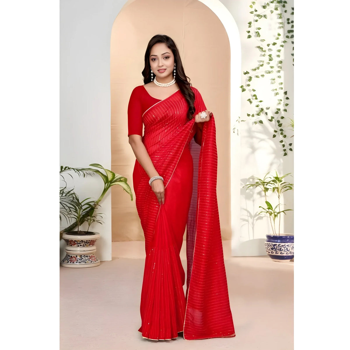 Women's Vichitra Silk Striped Saree With Unstitched Blouse 5.5mtr (red) | Women Signature Collection