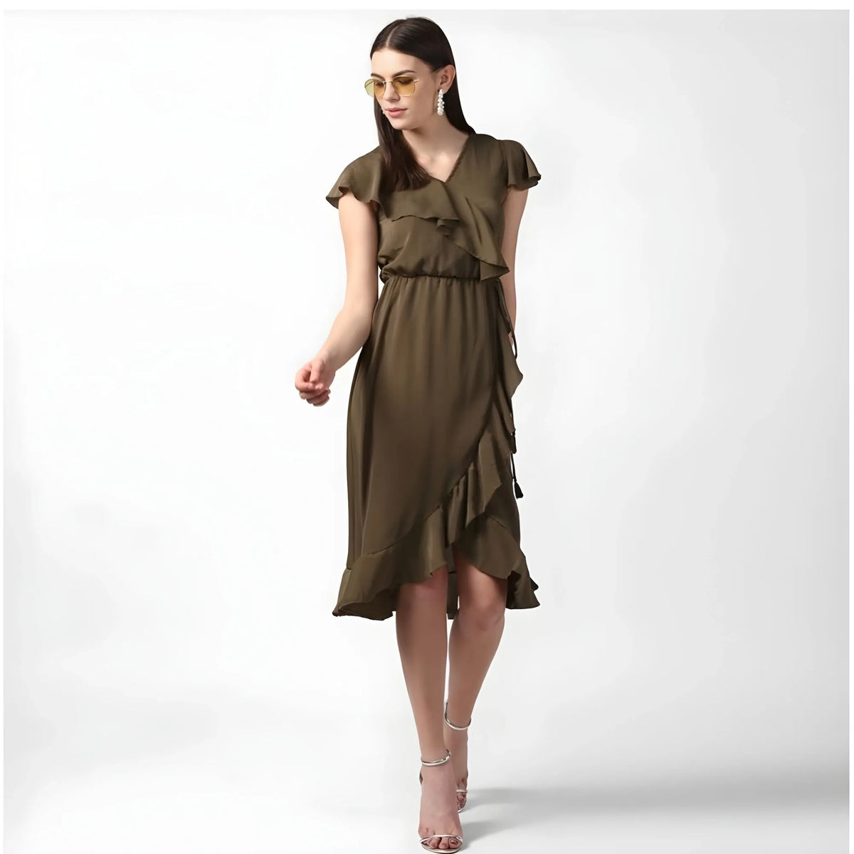 Women's Polyester Ruffled Cap Sleeve Knee Length Dress (olive) | Women Signature Collection