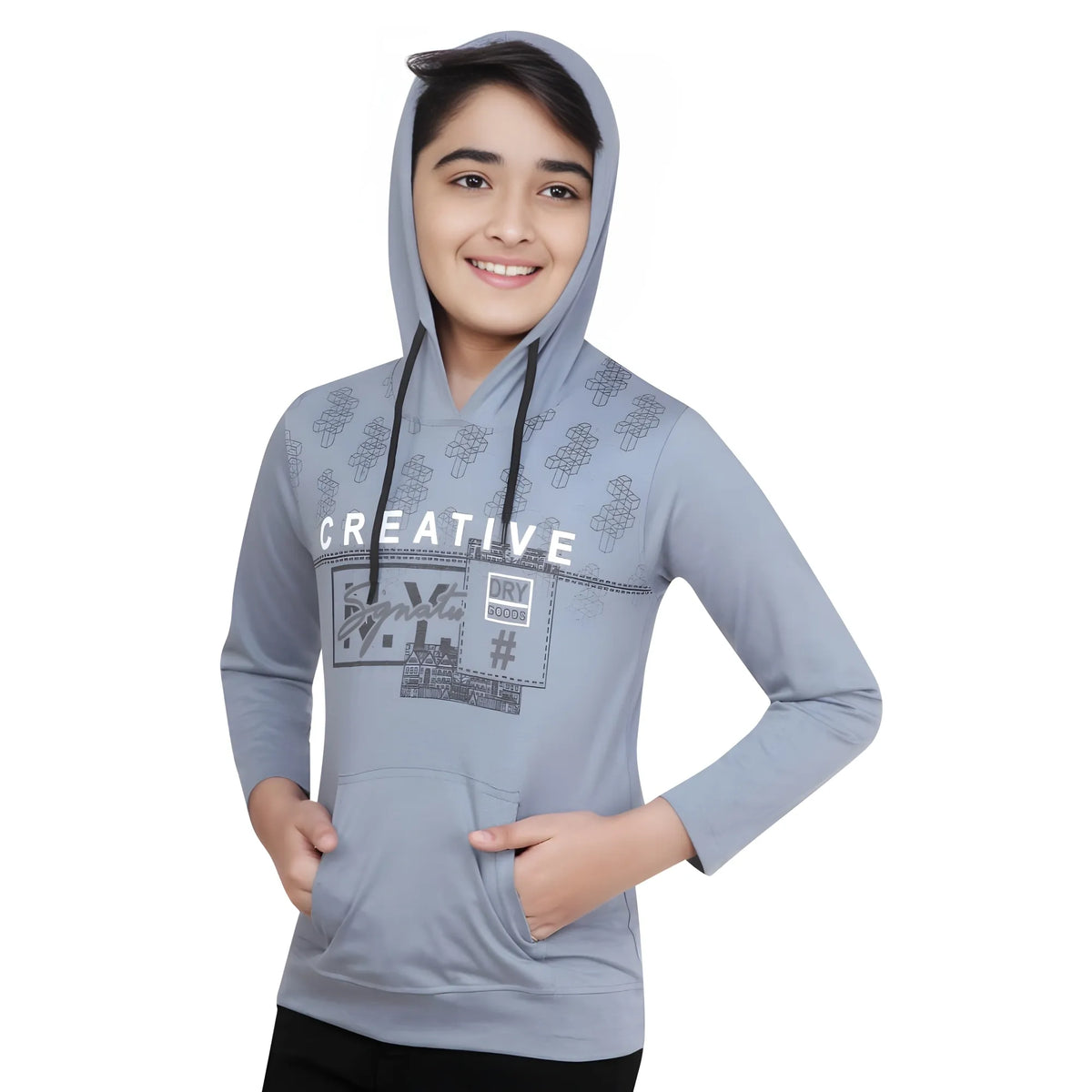 Boy's Cotton Printeded Hooded Neck Hoodies (Steel Blue)