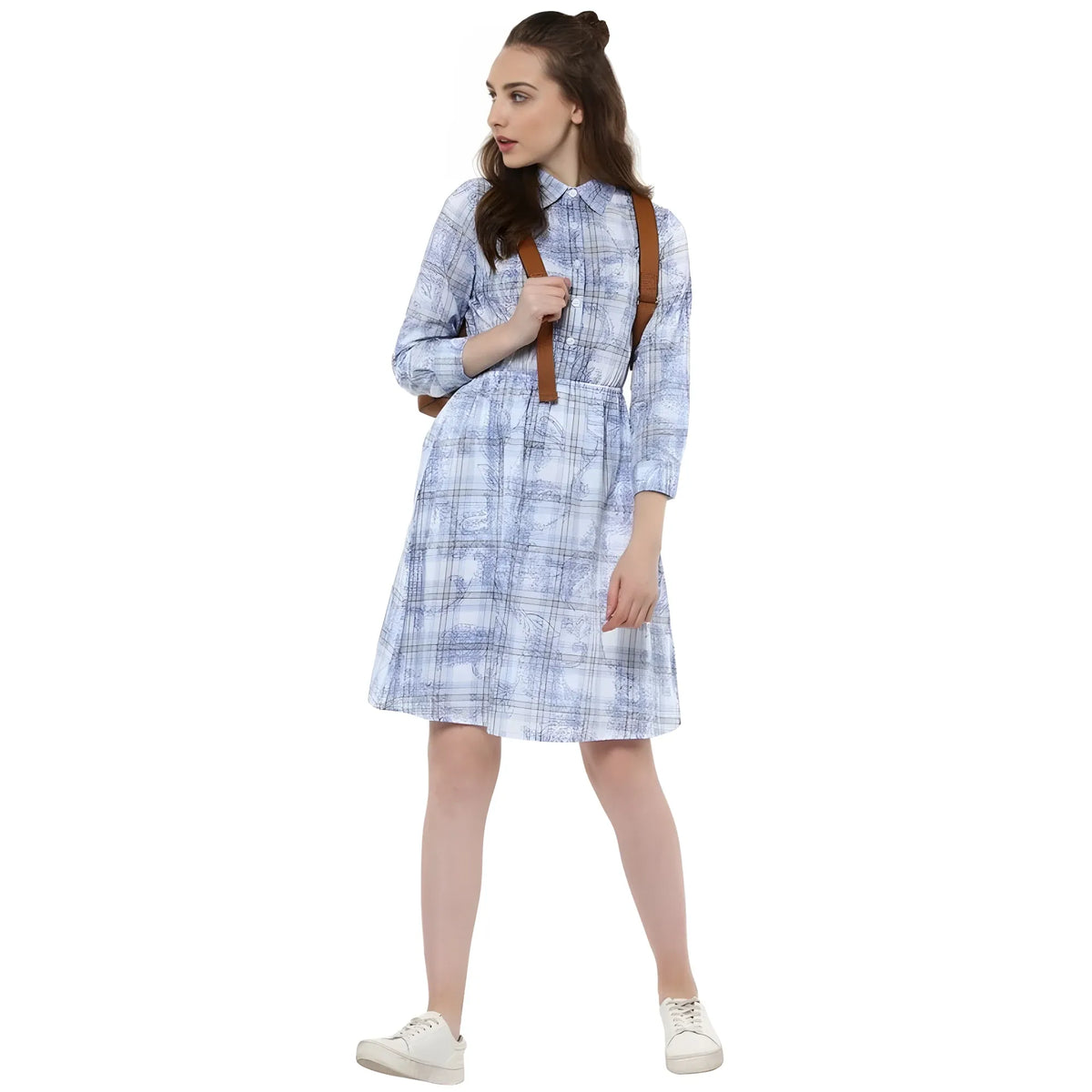 Women's Cotton Checkered Roll Up Sleeve Above Knee Dress (blue) | Women Signature Collection