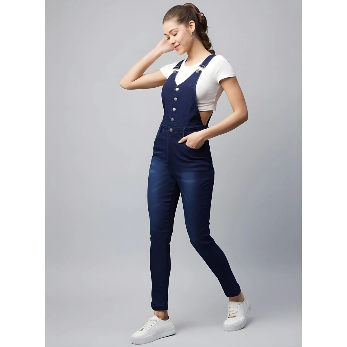 Women's Denim Lycra Solid Buttoned Dungaree (navy) | Women Signature Collection