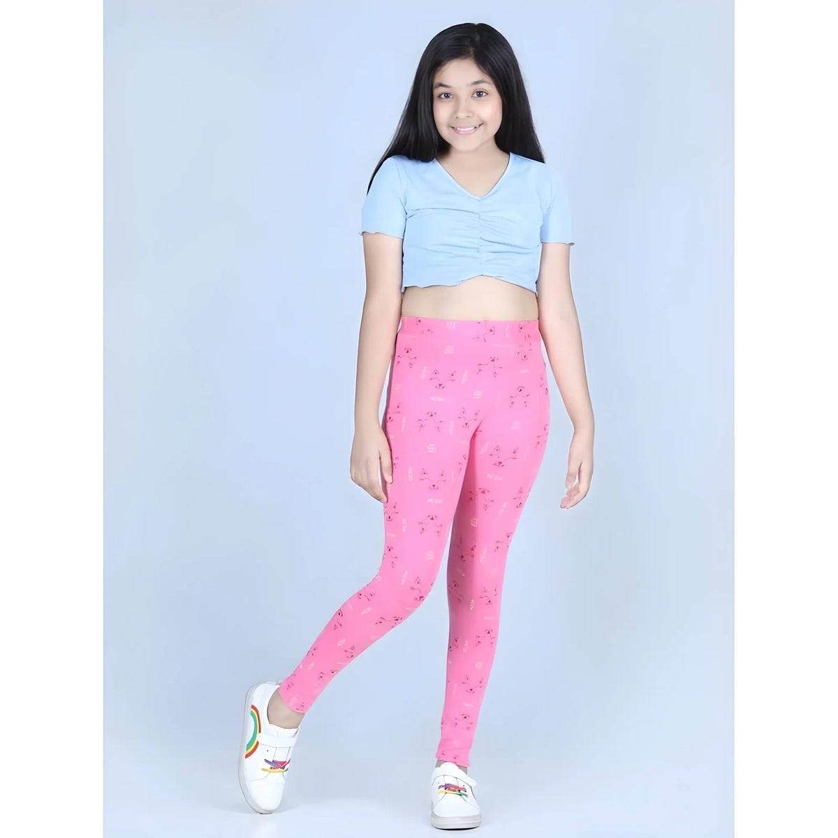 Girl's Cotton Lycra Printed Elasticated Leggings (Pink)