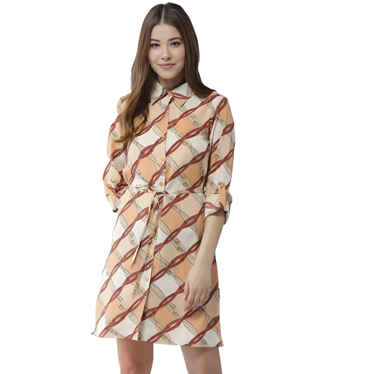 Women's Polyester Printed Roll Up Sleeve Above Knee Dress (off White Brown) | Women Signature Collection