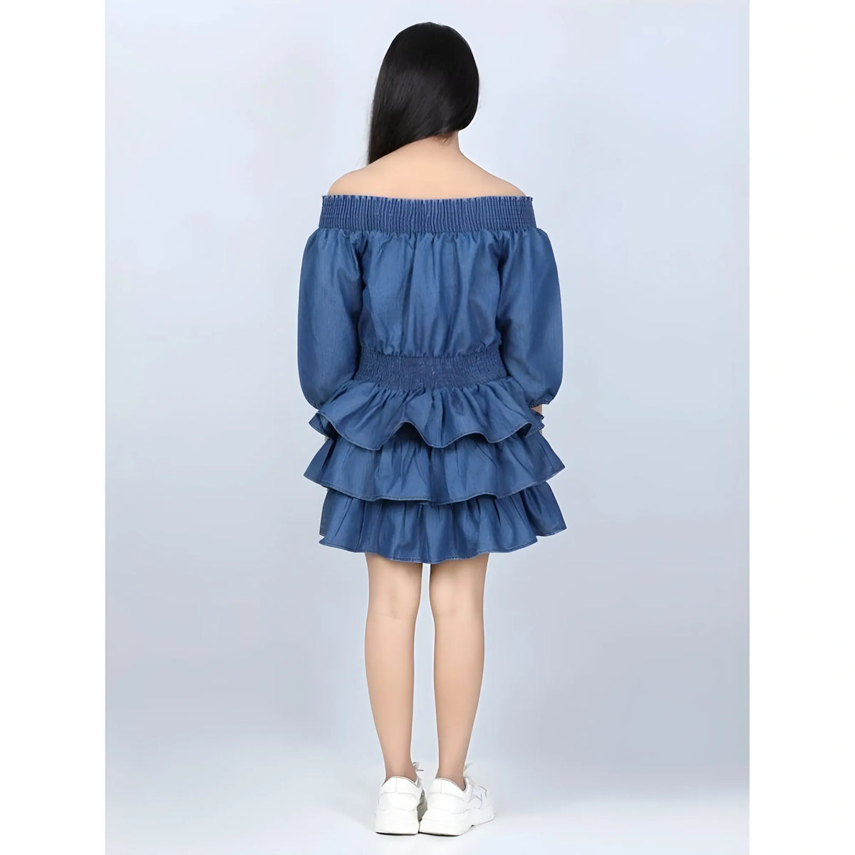 Girl's Denim Solid Off Shoulder Dress (blue) | Kids Signature Collection