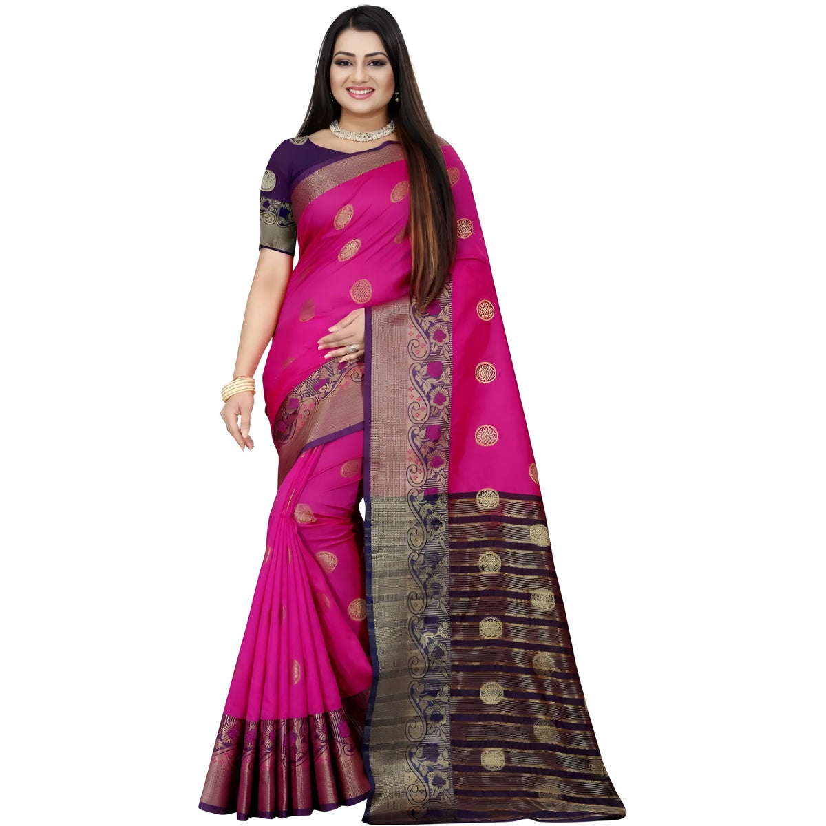 Women's Silk Blend Woven Saree With Unstitched Blouse 5.5mtr (blue Pink) | Women Signature Collection