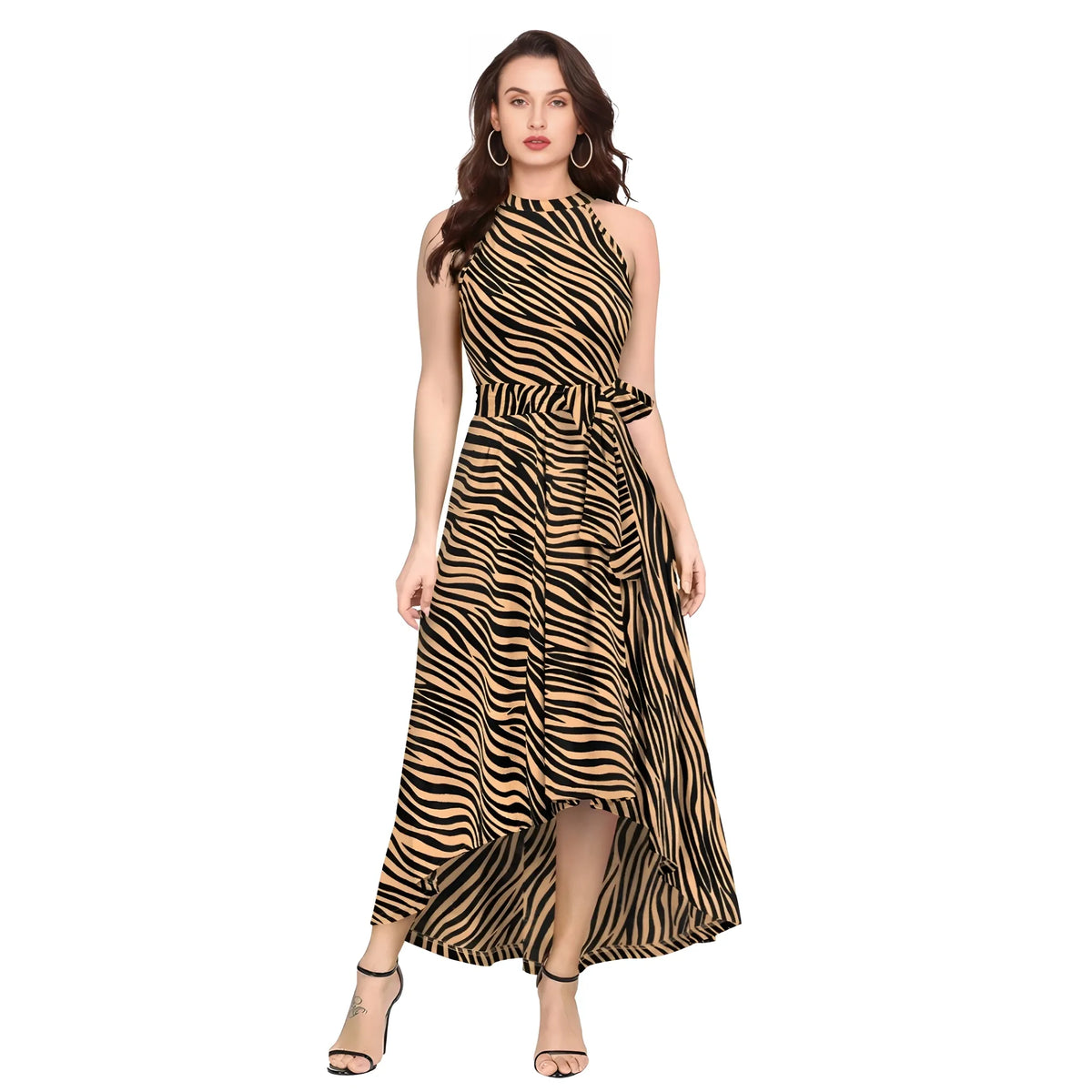 Women's Polyester Zebra Pattern Halter Neck Sleeveless Dress (yellow) | Women Signature Collection