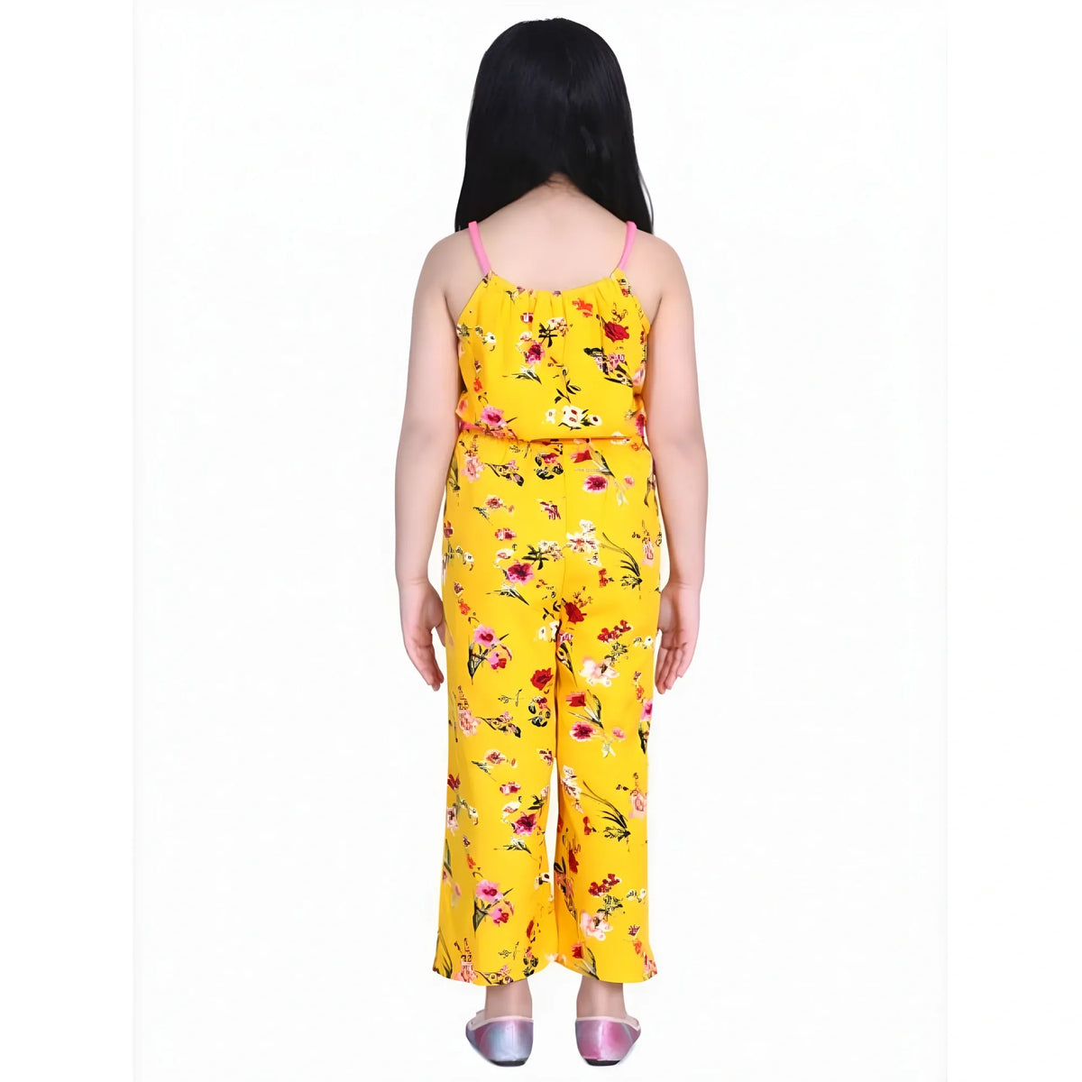 Girl's Polyester Crepe Floral Shoulder Straps Jumpsuit (yellow Pink) | Kids Signature Collection