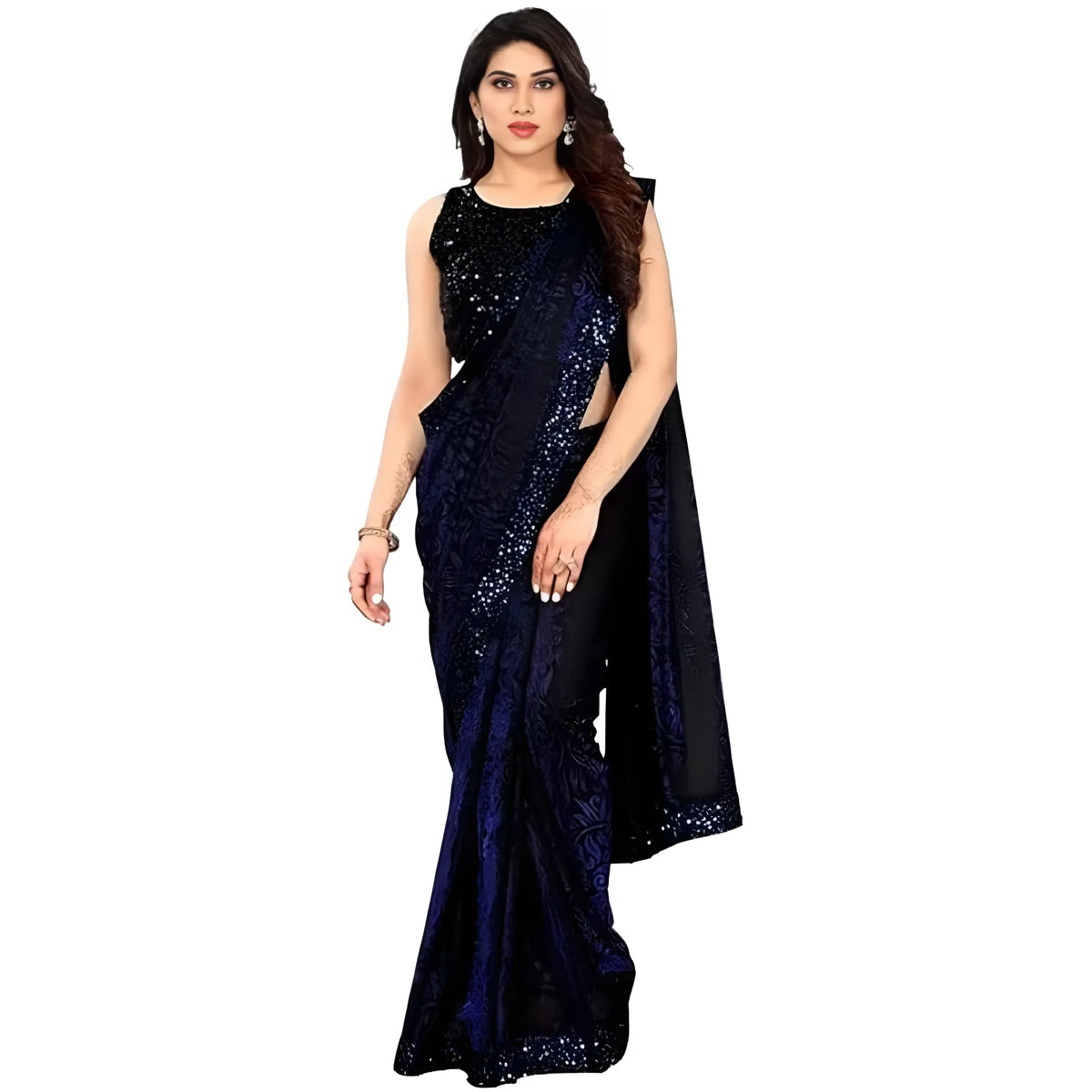 Women's Lycra Floral Saree With Unstitched Blouse (blue, 5.5 Mtr) | Women Signature Collection