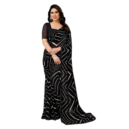 Women's Georgette Printed Saree With Unstitched Blouse 5.5Mtr (Black)