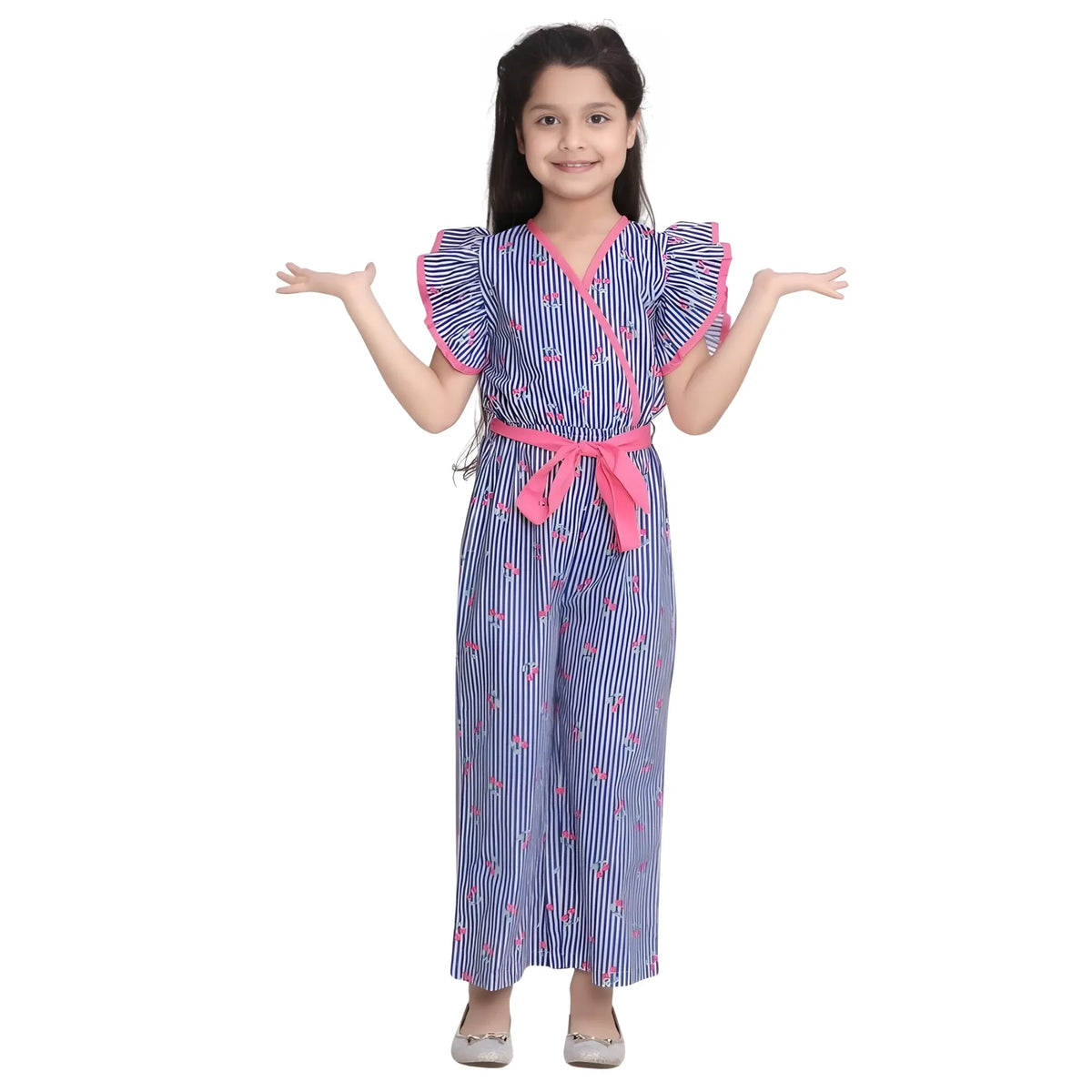 Girl's Cotton Striped Flutter Jumpsuit (blue Pink) | Kids Signature Collection