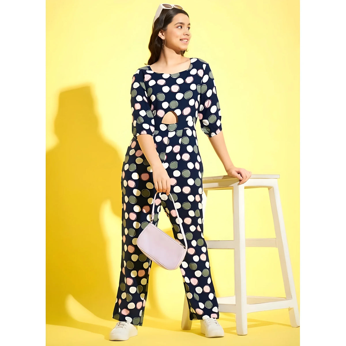 Girl's Cotton Polka 3 4th Sleeve Jumpsuit (multicolor) | Women Signature Collection