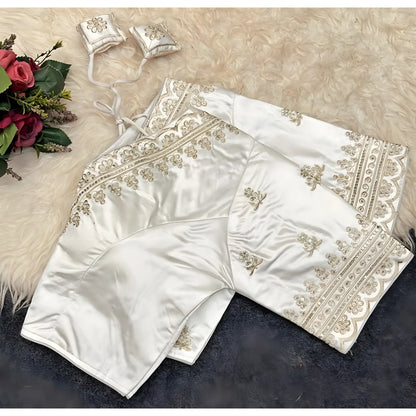 Pearl Women's Satin Embroidered Half sleeve V-Neck Padded Readymade Blouse