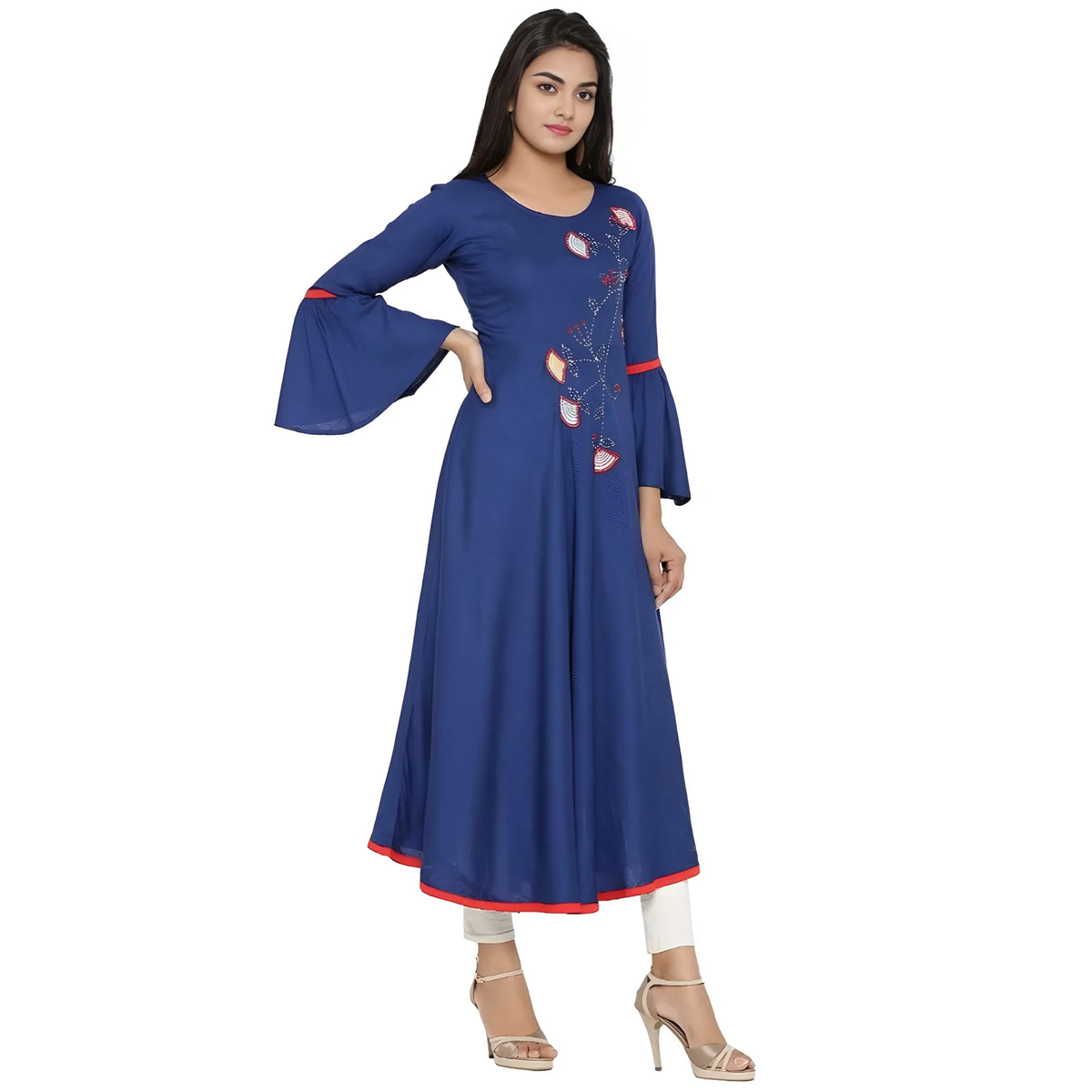 Women's Casual Bell Sleeves Embroidery Rayon Kurti (blue) | Women Signature Collection