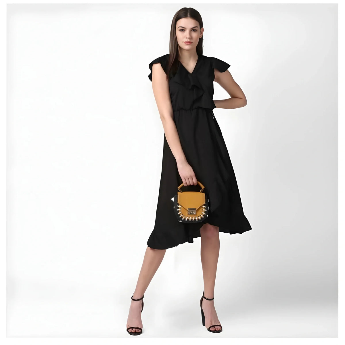 Women's Polyester Ruffled Cap Sleeve Knee Length Dress (black) | Women Signature Collection