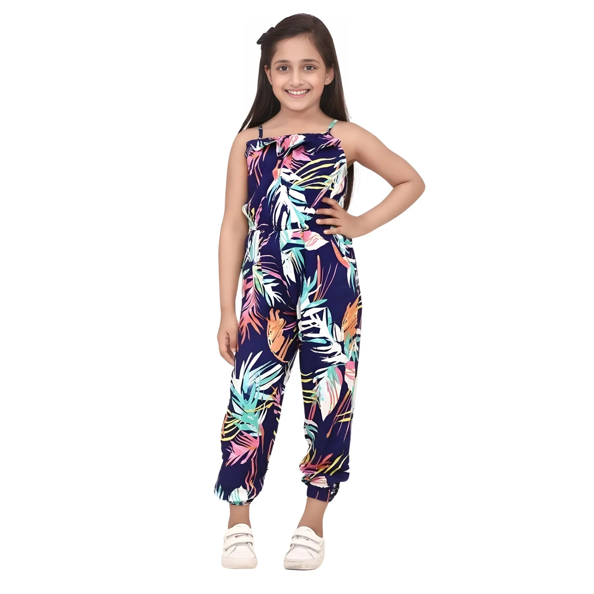 Girl's Rayon Printed Sleeveless Jumpsuit (blue Multicolor) | Kids Signature Collection