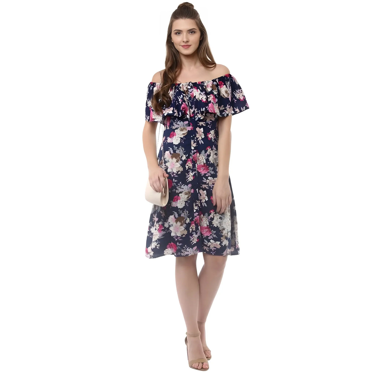 Women's Polyester Crepe Floral Half Sleeve Above Knee Dress (navy Blue) | Women Signature Collection