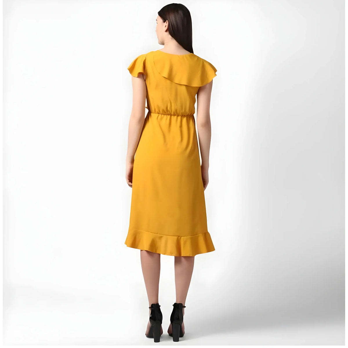 Women's Polyester Ruffled Cap Sleeve Knee Length Dress (yellow) | Women Signature Collection