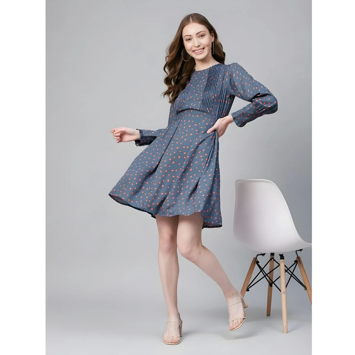 Women's Polyester Polka Long Sleeves Above Knee Dress (grey Coral) | Women Signature Collection
