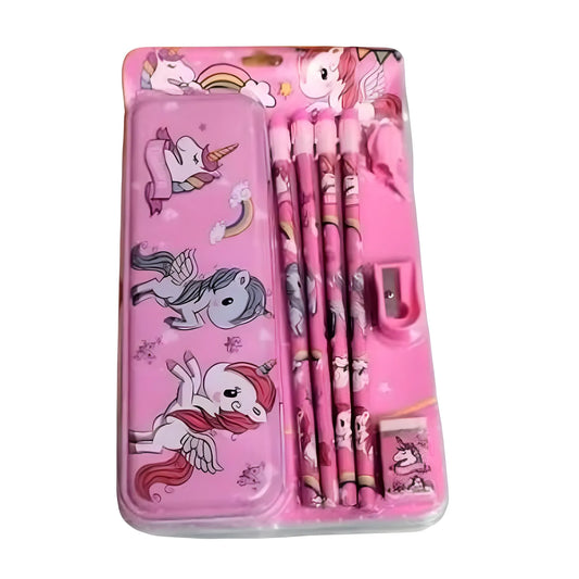 8_Pcs Set Unicorn Metal Pencil Box With 4 Pencils, 1 Sharpner, 1 Eracer And 1 Pencil Cap| Metal Box| Stationery | 3+ Years