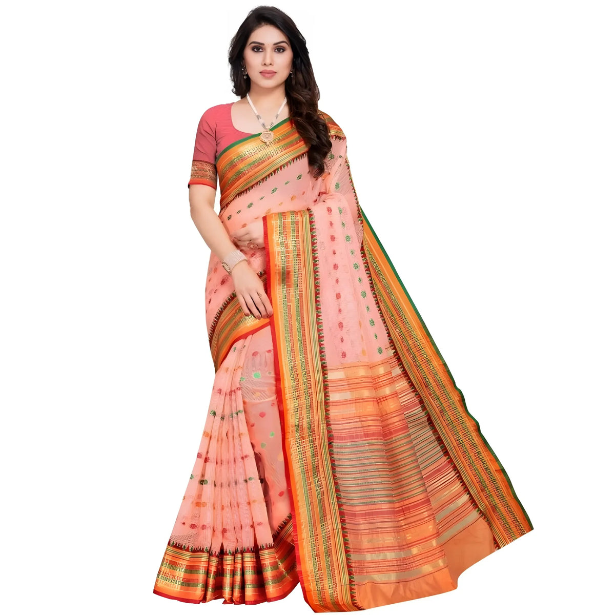 Women's Kota Doria Cotton Woven Butta Saree With Blouse (peach, 5 6 Mtrs) | Women Signature Collection