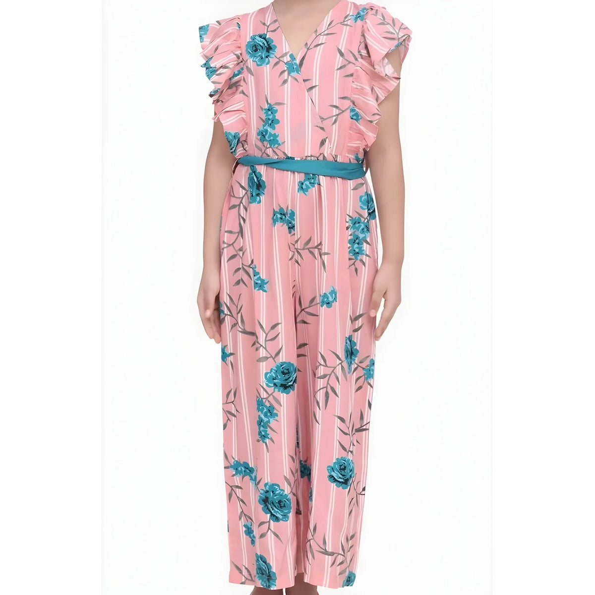 Girl's Rayon Floral Flutter Jumpsuit (pink Blue) | Kids Signature Collection