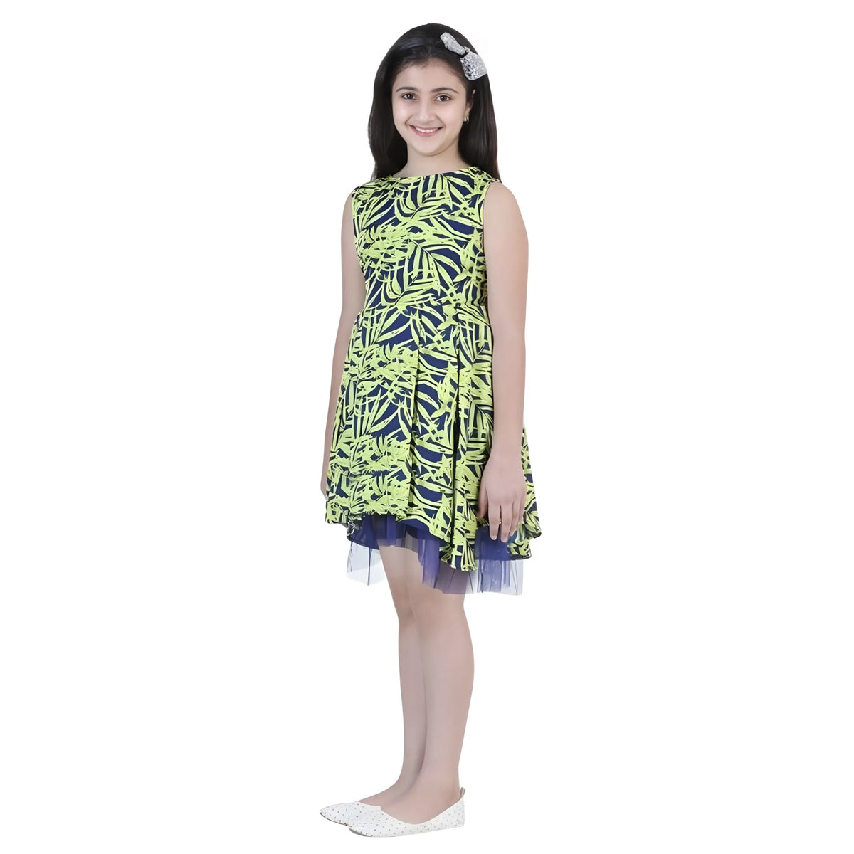 Girl's Polyester Crepe &amp; Net Printed Sleeveless Dress (yellow Blue) | Kids Signature Collection