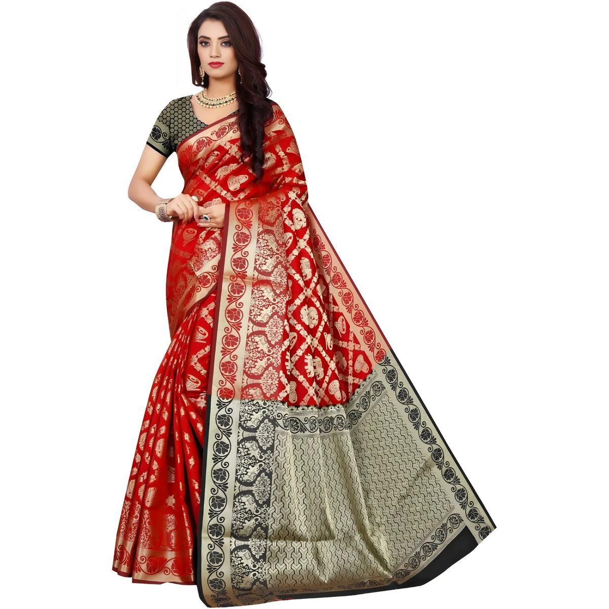 Women's Jacquard Woven Saree With Unstitched Blouse 5.5mtr (red) | Women Signature Collection