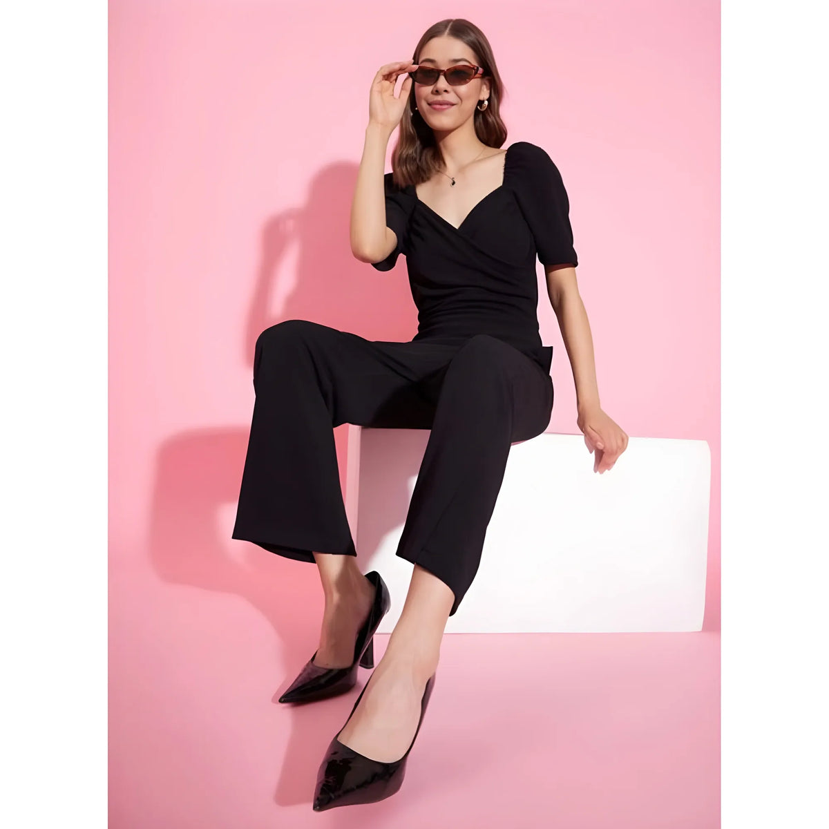 Women's Polyester Lycra Solid Puff Sleeve Jumpsuit (black) | Women Signature Collection