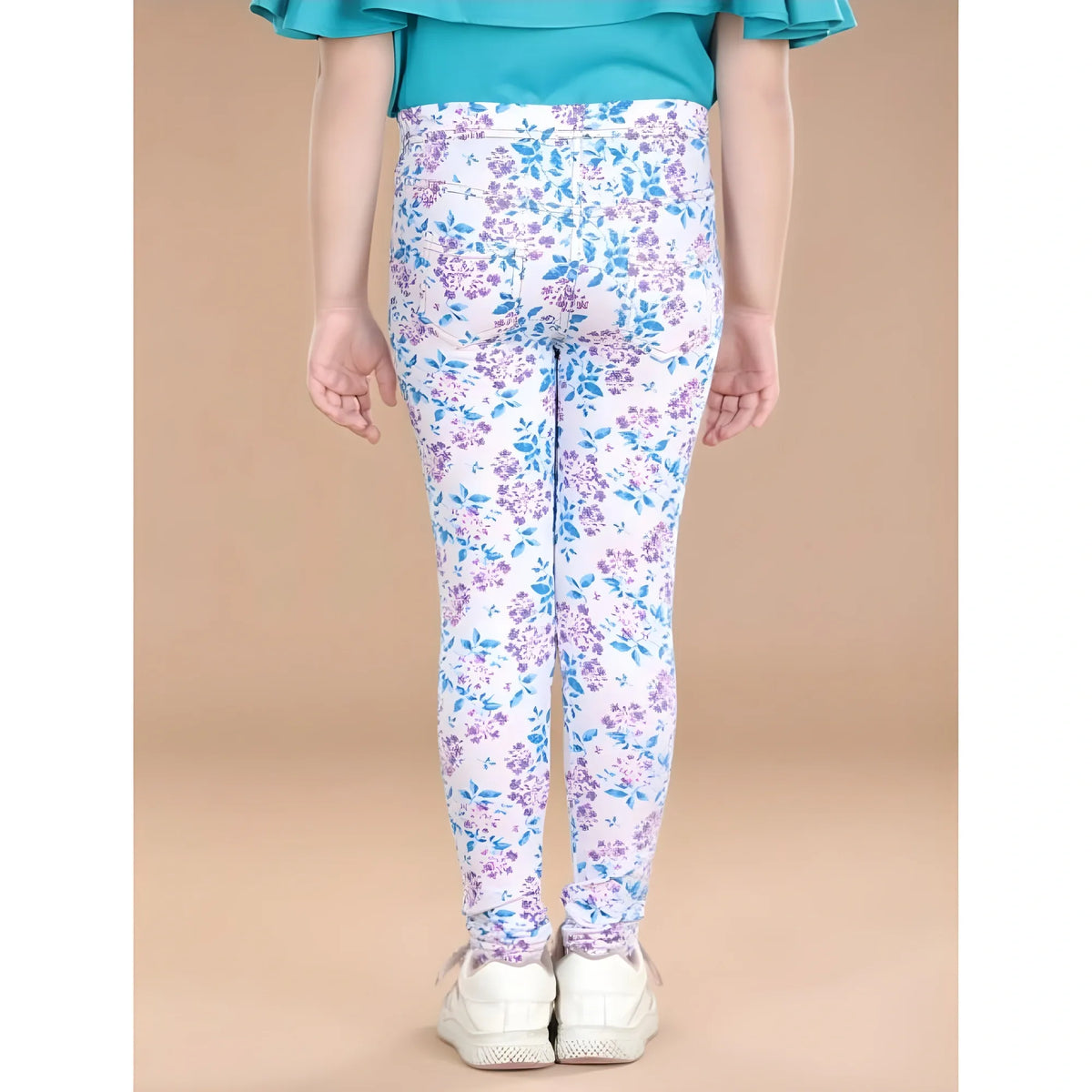 Girl's Cotton Lycra Floral Elasticated Jeggings (White-Turquoise Blue)