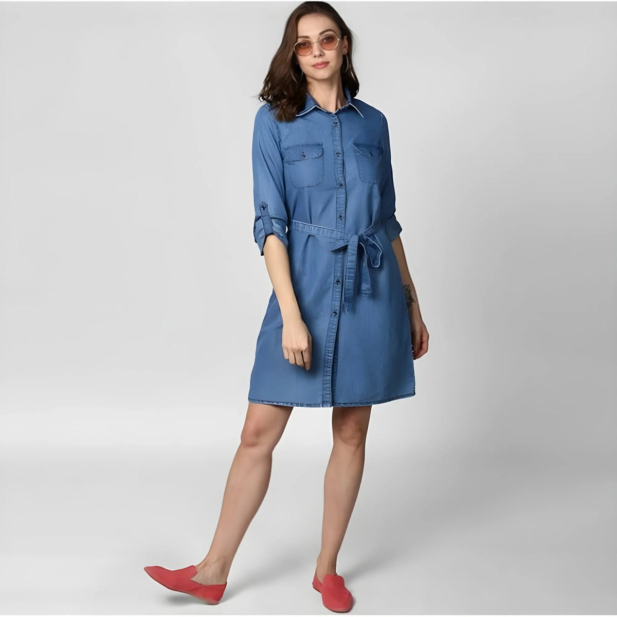 Women's Denim Solid Roll Up Sleeve Dress (blue) | Women Signature Collection