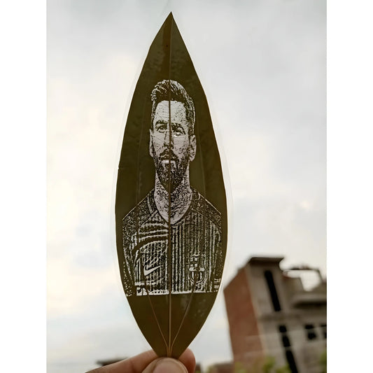 Custom Engraved Leaf Art – Football Player Portrait on Natural Leaf