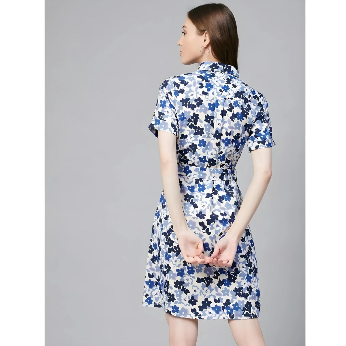 Women's Polyester Floral Short Sleeve Above Knee Dress (blue White) | Women Signature Collection