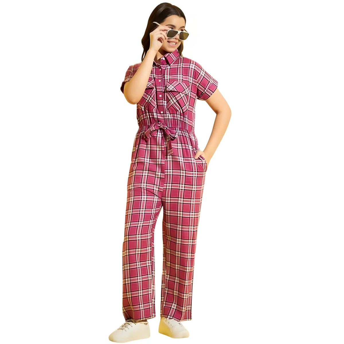 Girl's Cotton Checkered Short Sleeves Jumpsuit (pink) | Kids Signature Collection