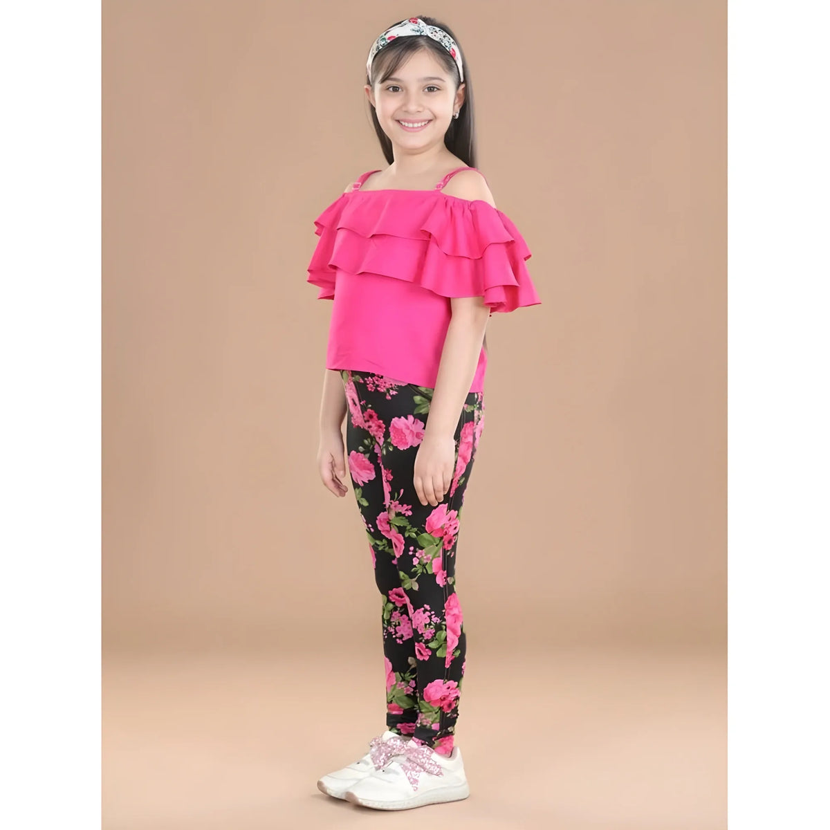Girl's Cotton Floral Elasticated Jegging And Top Set (black Pink) | Kids Signature Collection