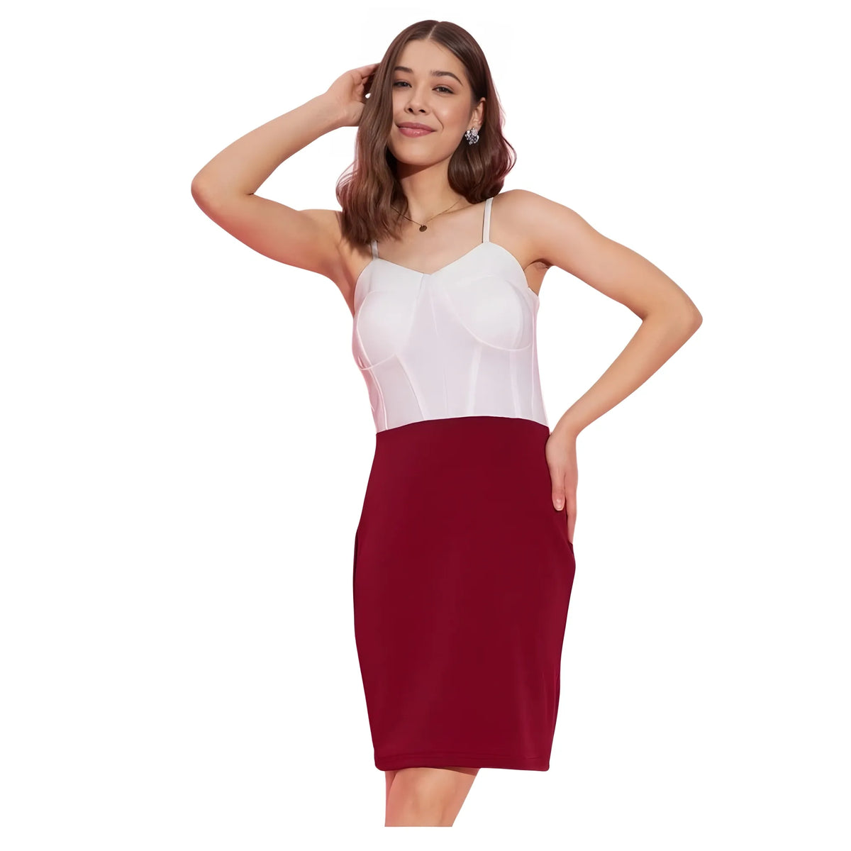 Women's Polyester Lycra Color Blocking Shoulder Straps Dress (white Maroon) | Women Signature Collection