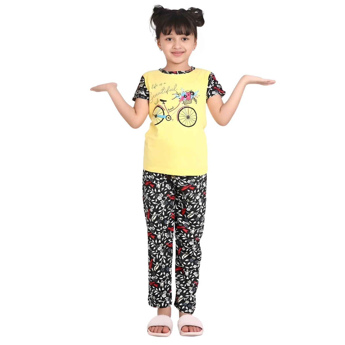 Girl's Cotton Hosiery Printed Night Suit Set (yellow Black) | Kids Signature Collection