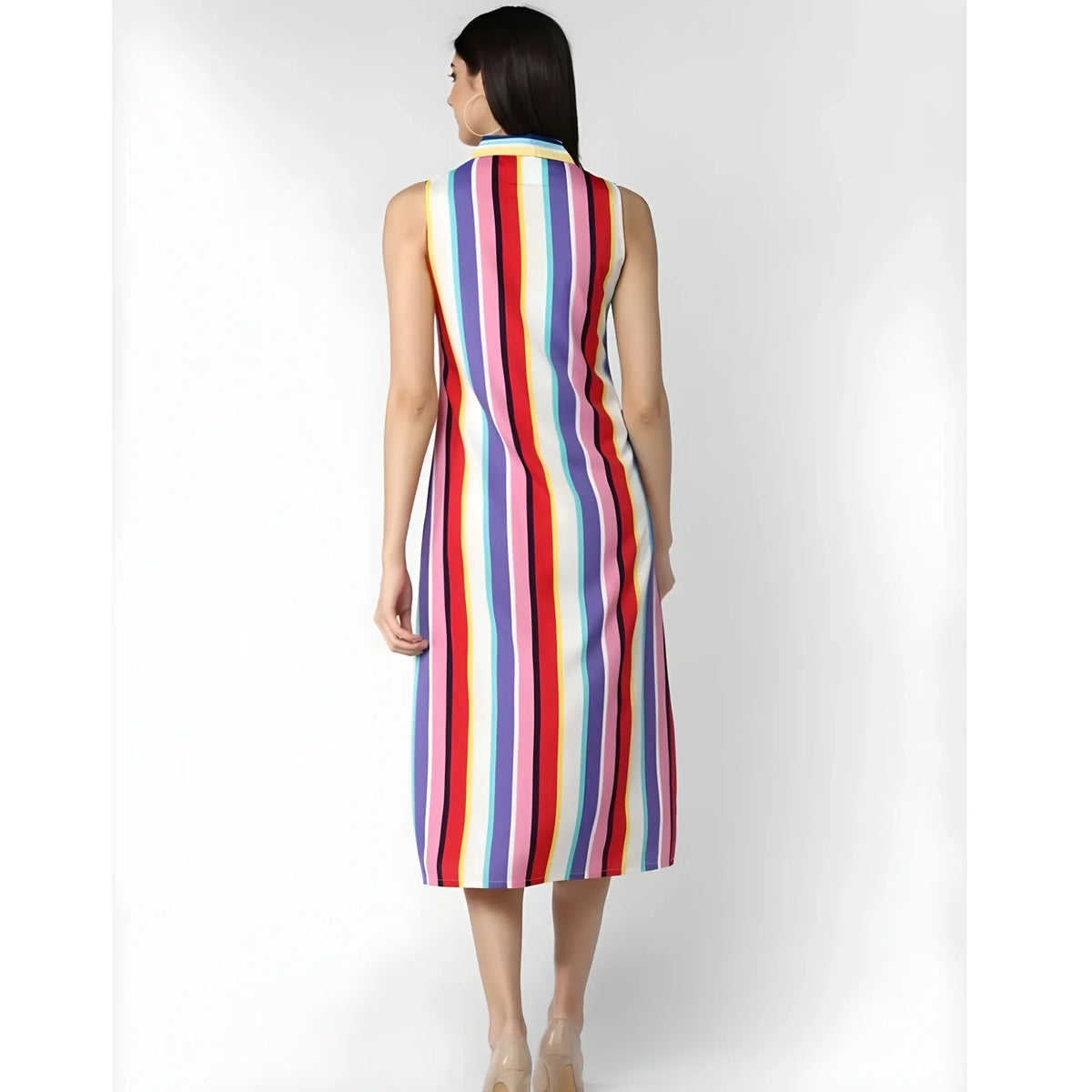 Women's Polyester Striped Sleeveless Calf Length Dress (multicolor) | Women Signature Collection
