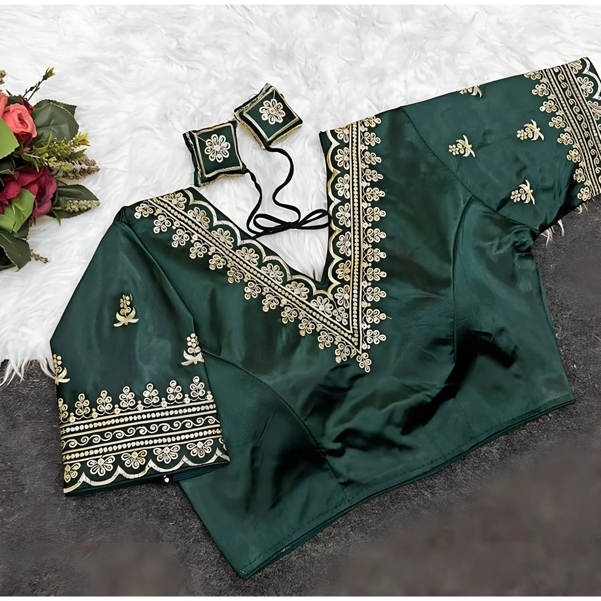 Jade Women's Satin Embroidered Half sleeve V-Neck Padded Readymade Blouse